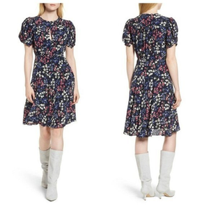 Lewit Dress 100% Silk Floral Garden A Line Navy Flounce Keyhole Cocktail Dress 6